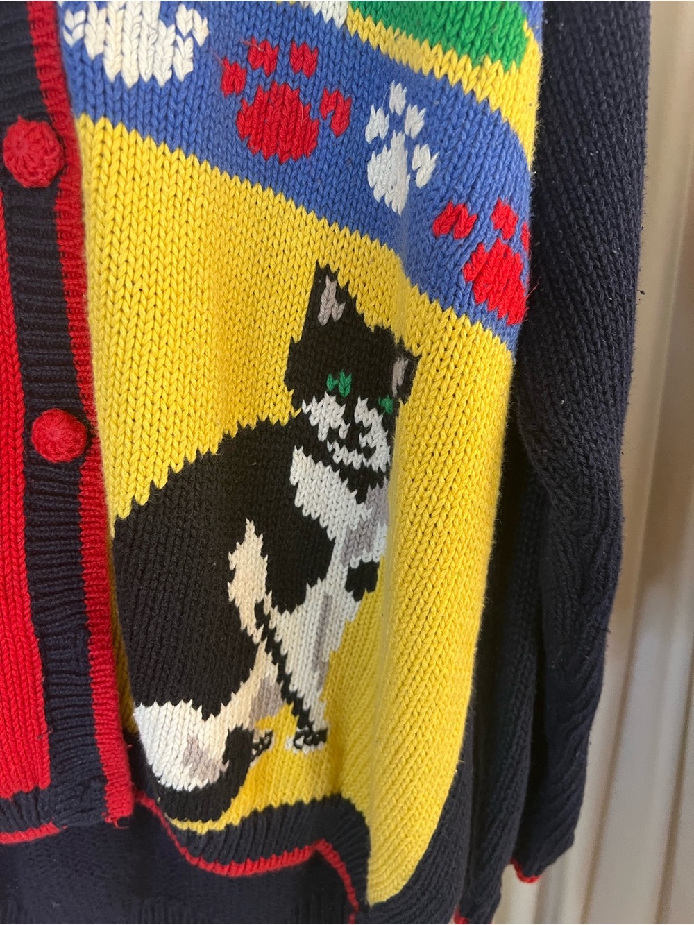 Alexandra Bartlett Vintage 90’s Hand Knit Women Navy/multi Cat Cardigan - Picture 6 of 9